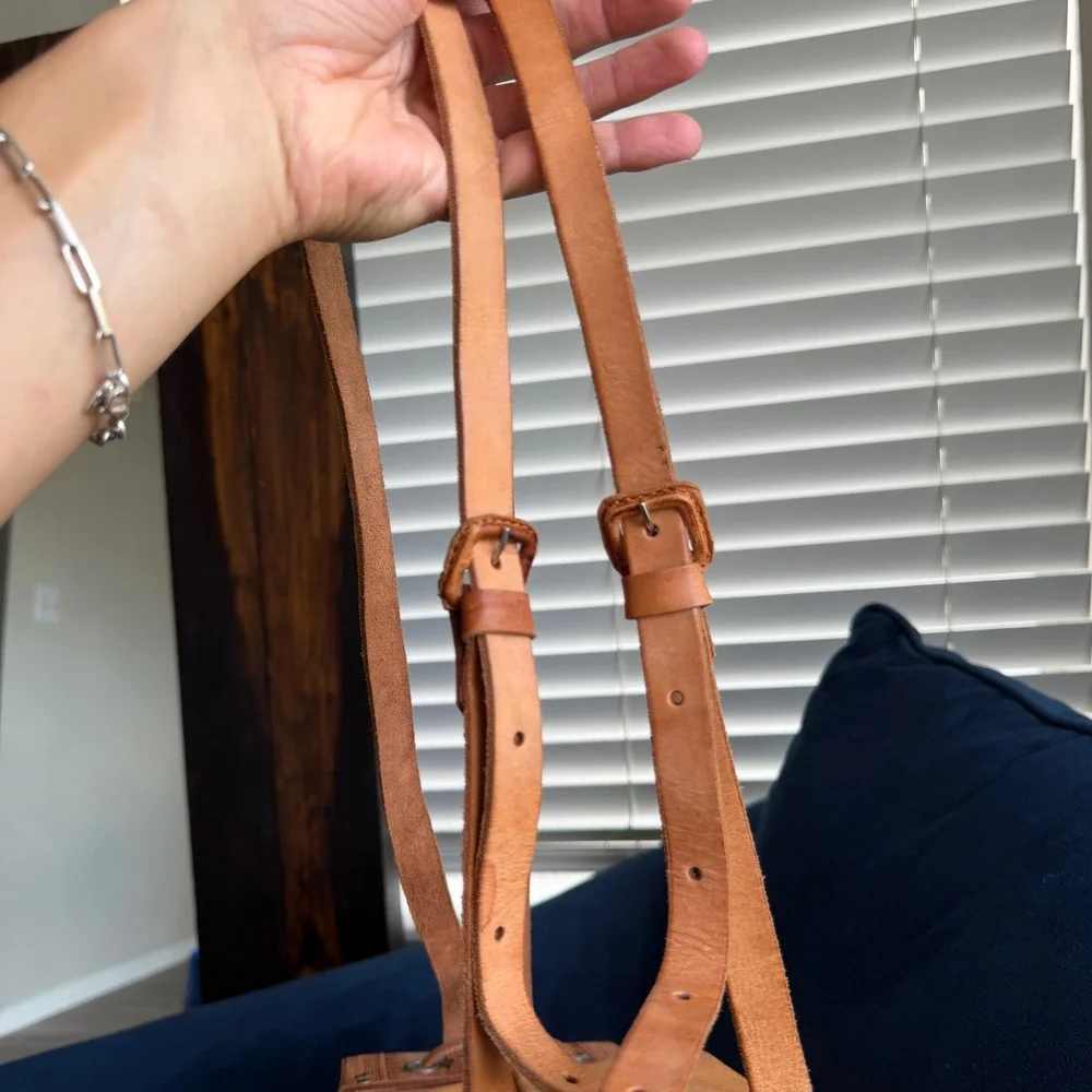 Vintage Southwestern Backpack Tan Leather Tooled Boho Mini Drawstring Tassel Bag